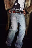 Men's Washed Rhinestone Jeans with Rhinestone Belt - Trendsi
