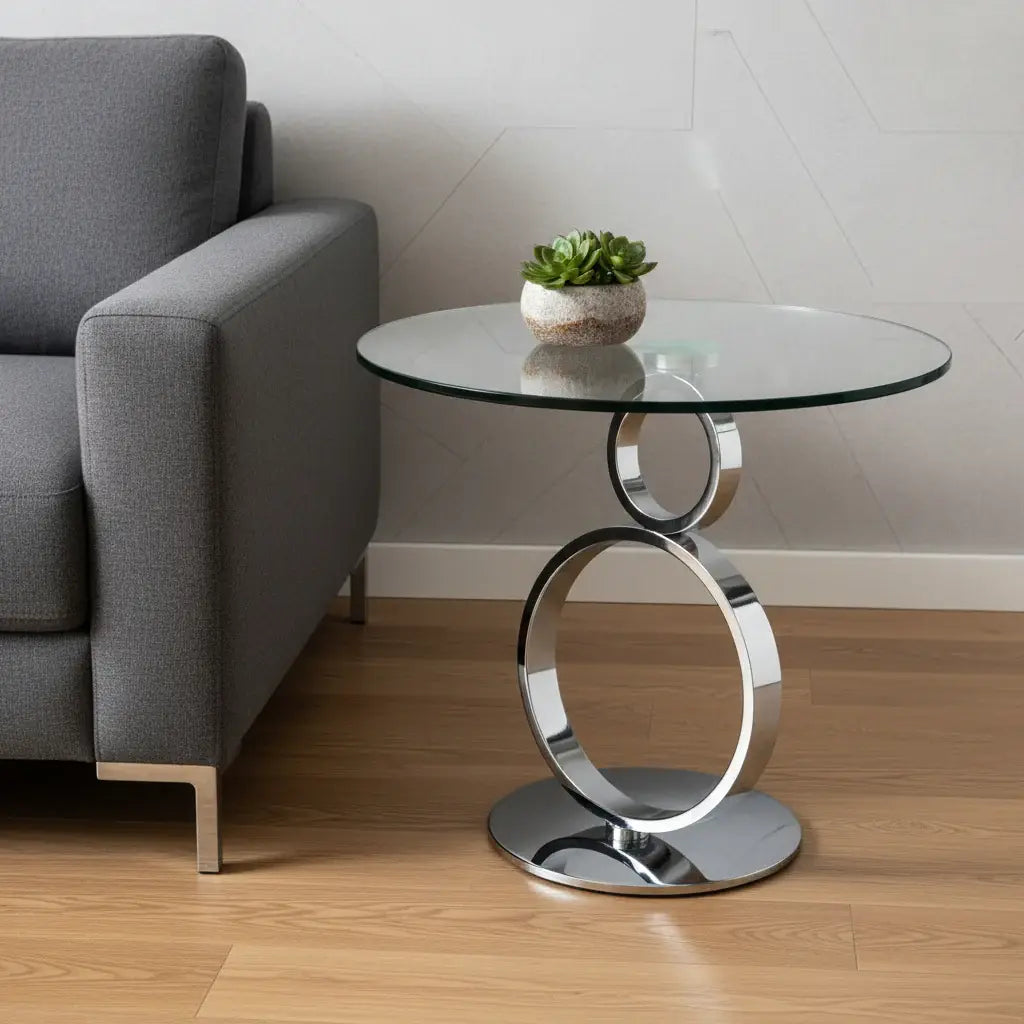 21" Clear and Silver Glass and Metal Round Pedestal End Table - Homeroots - Flyclothing LLC
