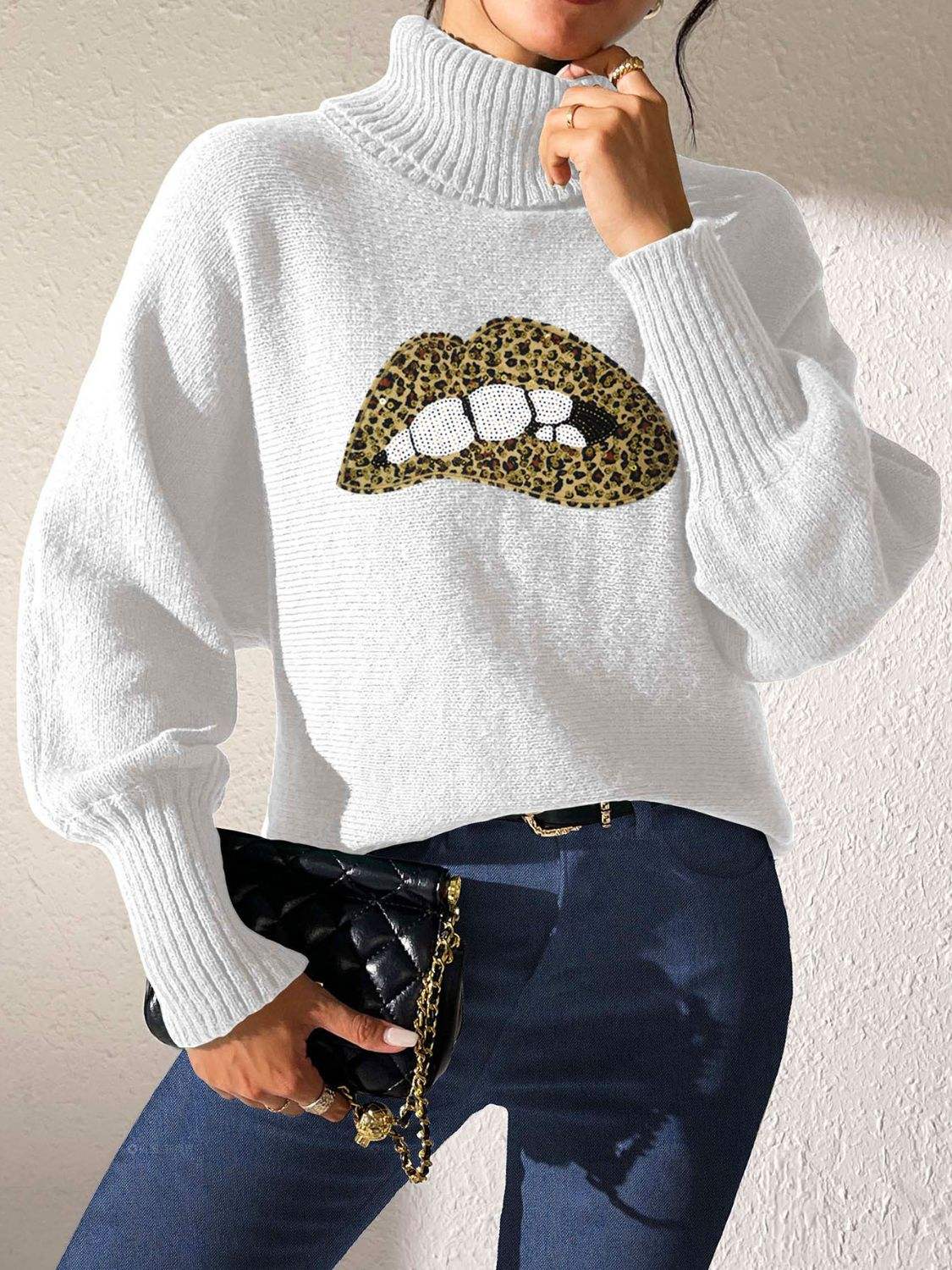 Lip Turtleneck Long Sleeve Sweater - Trendsi - Flyclothing LLC