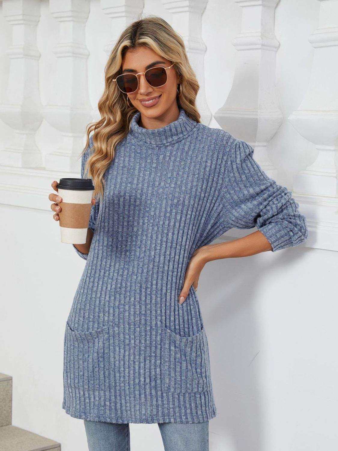 Ribbed Mock Neck Long Sleeve T-Shirt - Trendsi - Flyclothing LLC