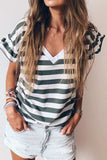Striped V-Neck Flounce Sleeve Top - Trendsi - Flyclothing LLC