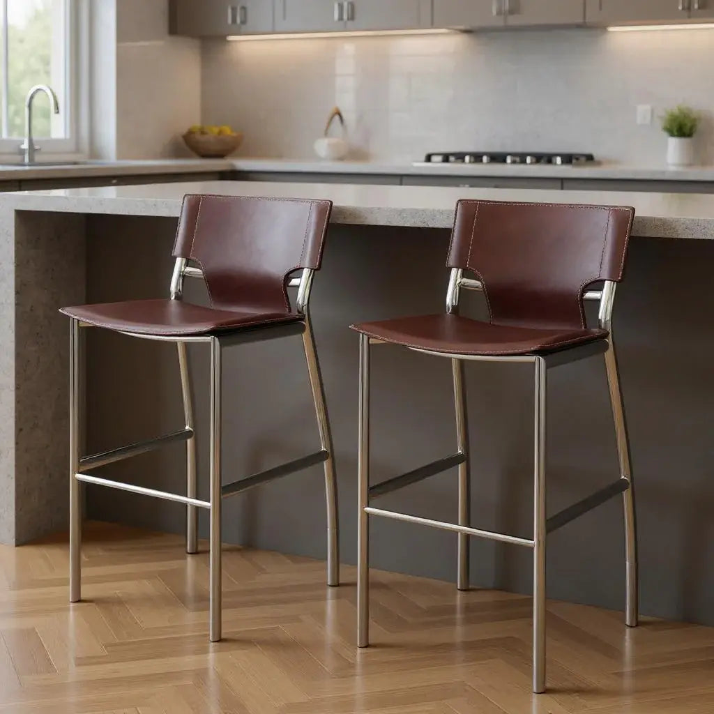 Set of Two 25" Brown and Silver Faux Leather and Metal Low Back Counter Height Bar Chairs - Homeroots - Flyclothing LLC