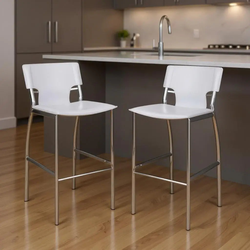 Set of Two 25" White and Silver Faux Leather and Metal Low Back Counter Height Bar Chairs - Homeroots - Flyclothing LLC