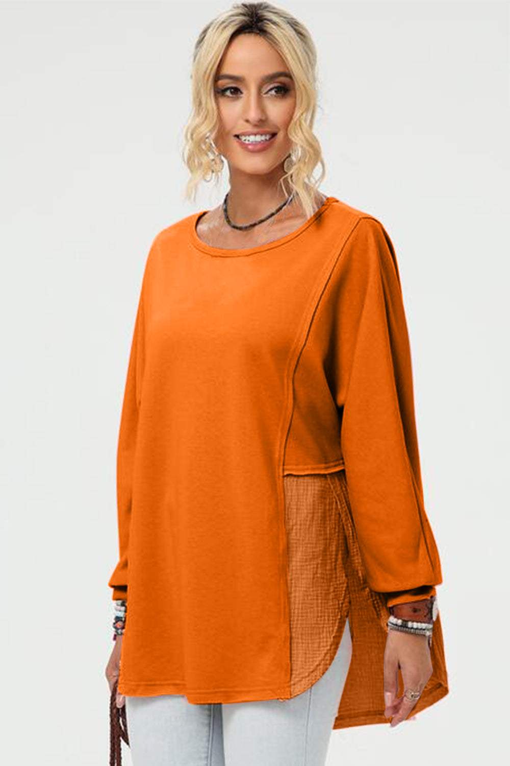 Double Take Full Size Long Sleeve High-Low T-Shirt - Trendsi - Flyclothing LLC
