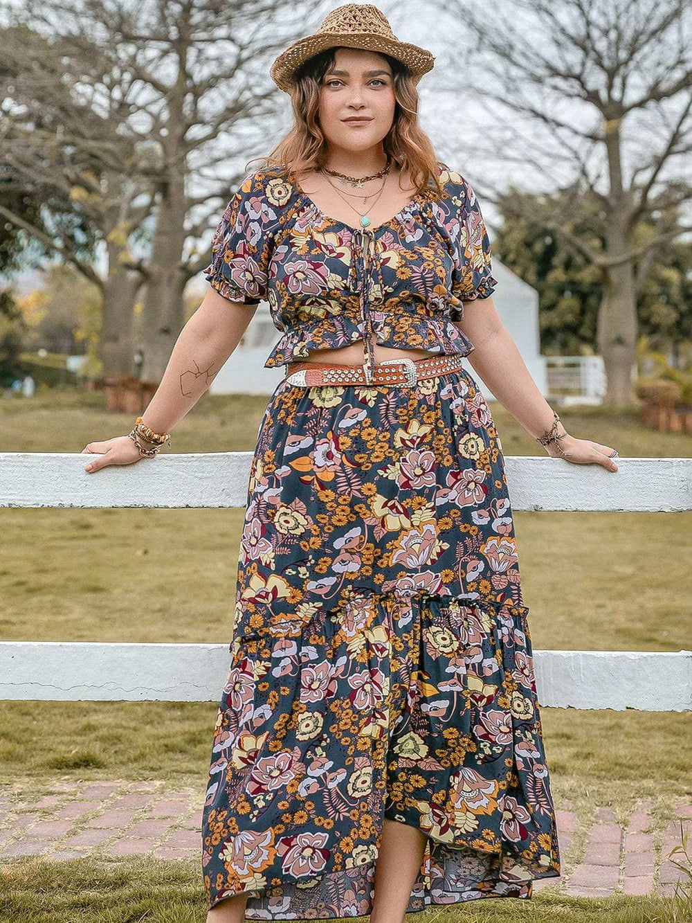 Plus Size Tie Neck Short Sleeve Top and Skirt Set - Trendsi - Flyclothing LLC