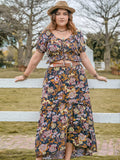 Plus Size Tie Neck Short Sleeve Top and Skirt Set - Trendsi - Flyclothing LLC