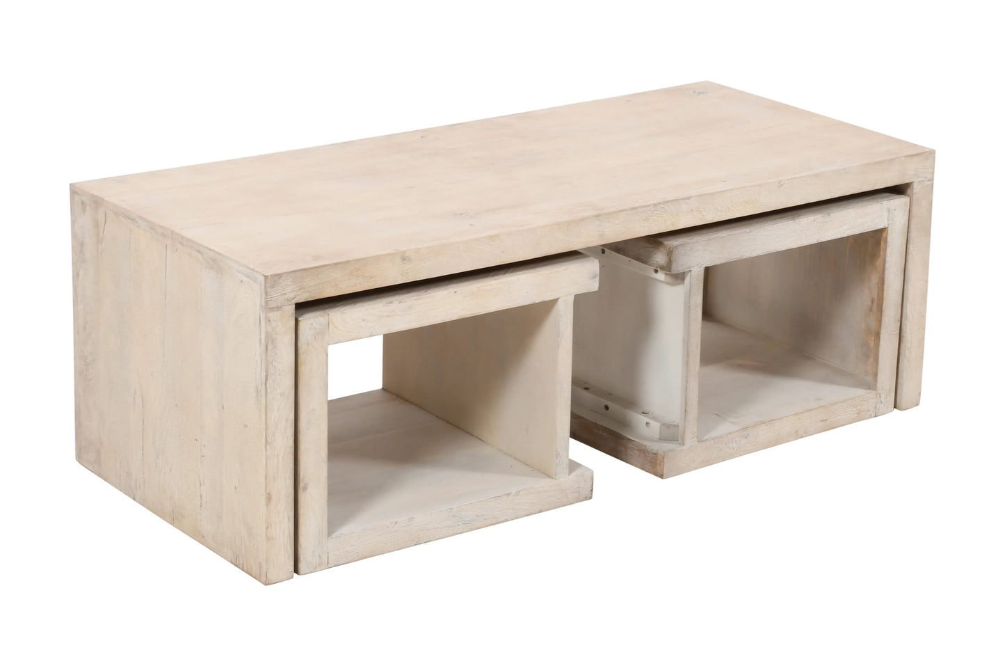 Three Piece Natural Solid Wood Distressed Sled Coffee And End Tables Set - Homeroots - Flyclothing LLC
