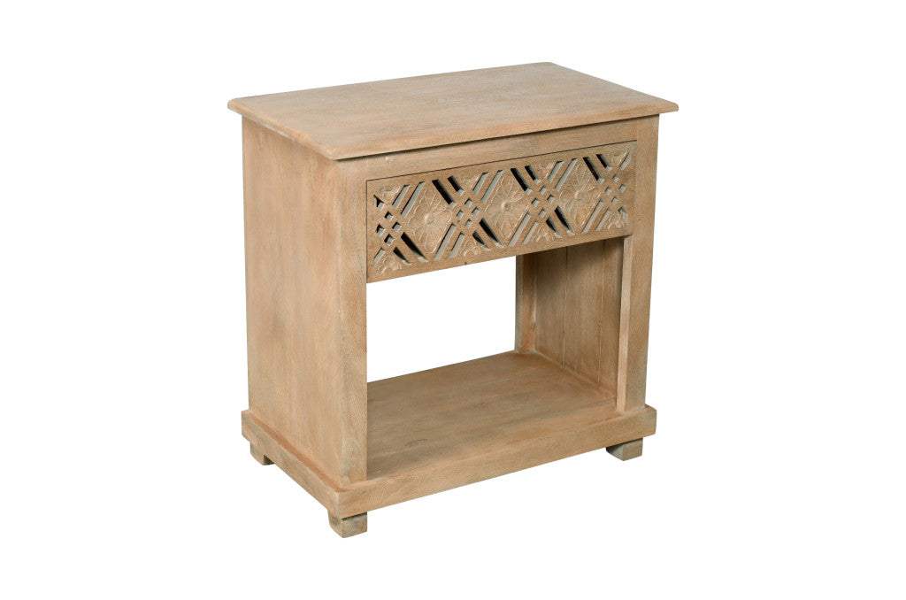 28" Natural Solid Wood Carved Geometric One Drawer Nightstand - HomeRoots - Flyclothing LLC