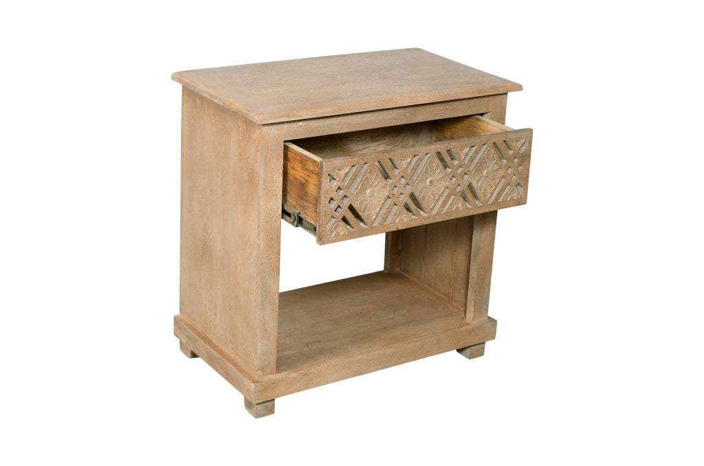 28" Natural Solid Wood Carved Geometric One Drawer Nightstand - HomeRoots - Flyclothing LLC