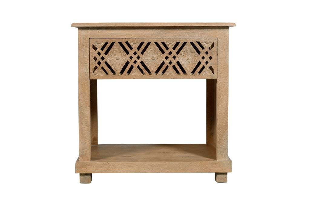28" Natural Solid Wood Carved Geometric One Drawer Nightstand - HomeRoots - Flyclothing LLC