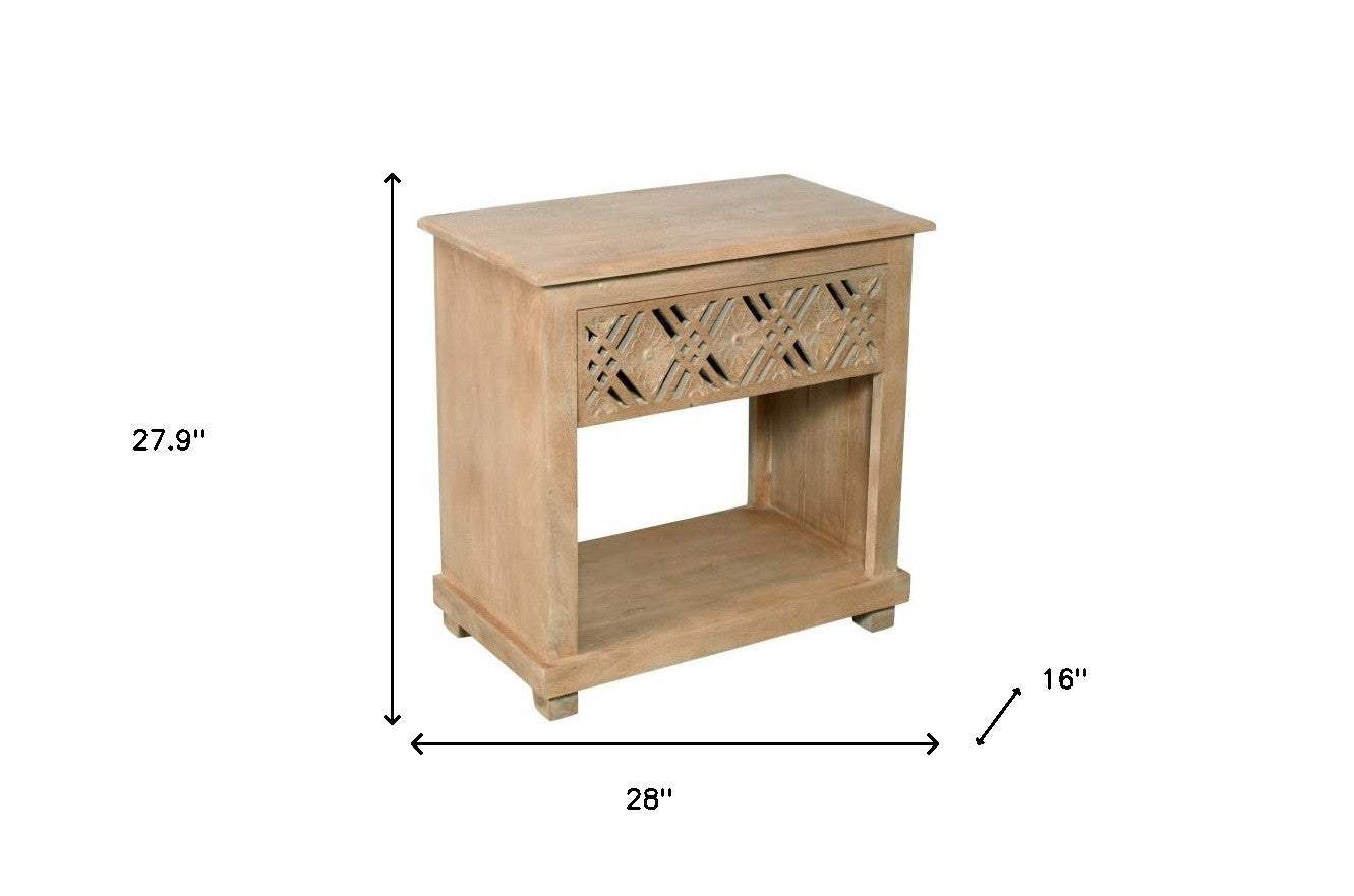 28" Natural Solid Wood Carved Geometric One Drawer Nightstand - HomeRoots - Flyclothing LLC