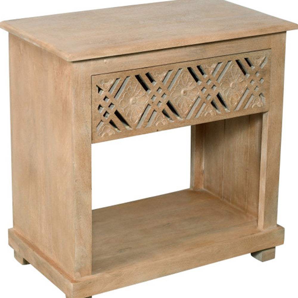 28" Natural Solid Wood Carved Geometric One Drawer Nightstand - HomeRoots - Flyclothing LLC