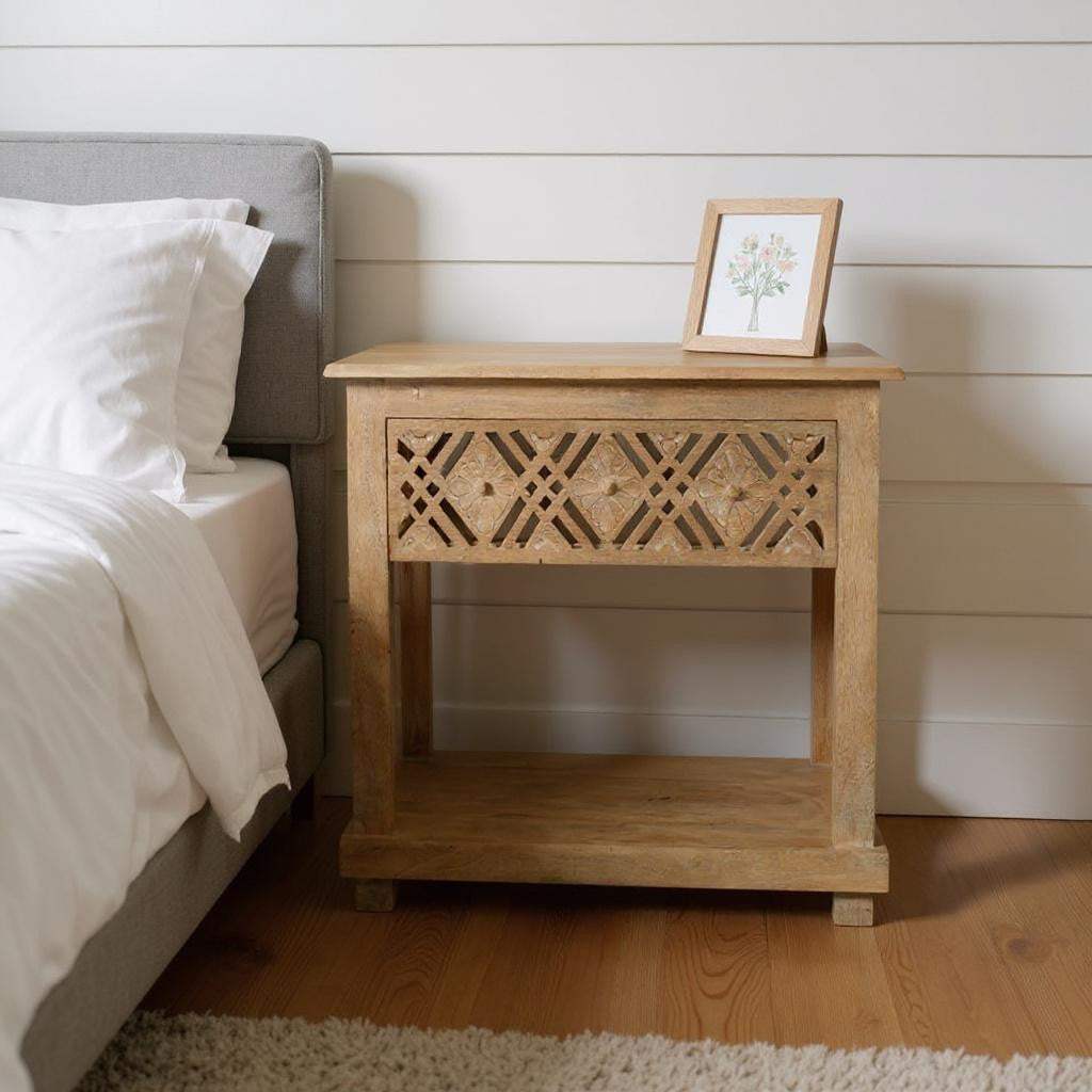 28" Natural Solid Wood Carved Geometric One Drawer Nightstand - HomeRoots - Flyclothing LLC