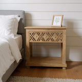 28" Natural Solid Wood Carved Geometric One Drawer Nightstand - HomeRoots - Flyclothing LLC