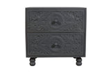 24" Gray Solid Wood Carved Scrollwork Two Drawer Nightstand - HomeRoots - Flyclothing LLC