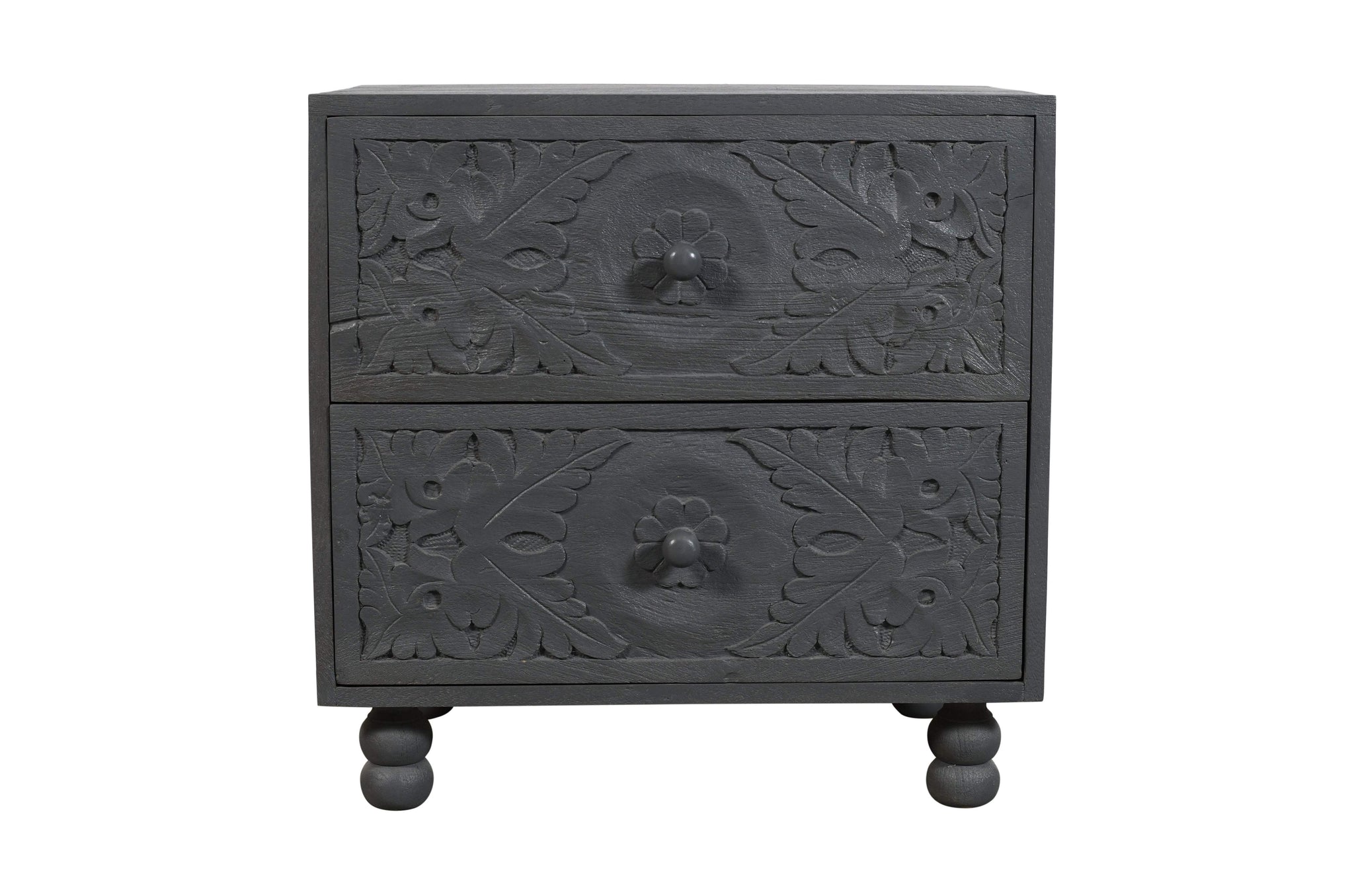 24" Gray Solid Wood Carved Scrollwork Two Drawer Nightstand - HomeRoots - Flyclothing LLC