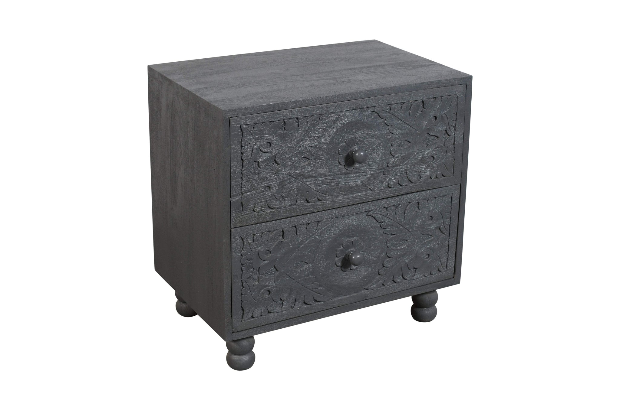 24" Gray Solid Wood Carved Scrollwork Two Drawer Nightstand - HomeRoots - Flyclothing LLC