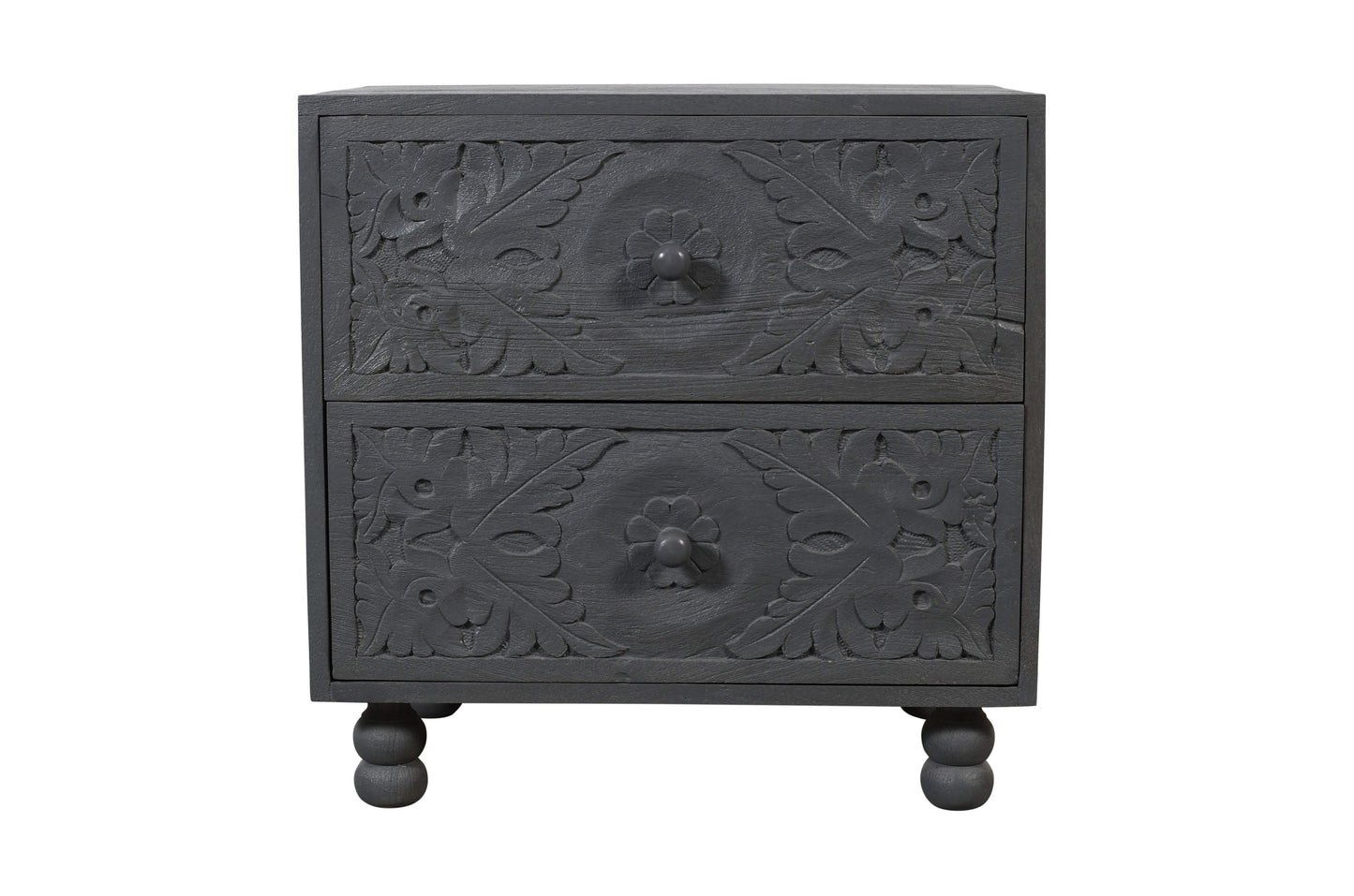 24" Gray Solid Wood Carved Scrollwork Two Drawer Nightstand - HomeRoots - Flyclothing LLC