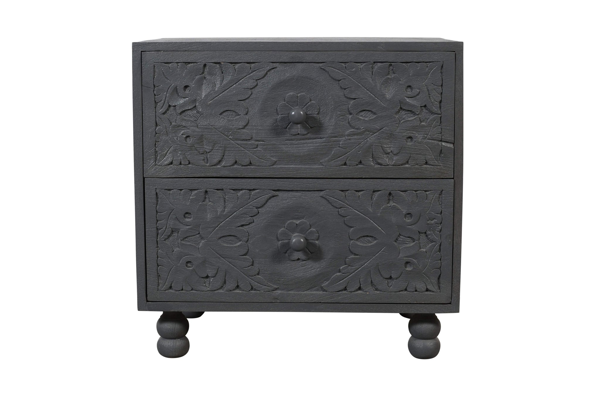 24" Gray Solid Wood Carved Scrollwork Two Drawer Nightstand - HomeRoots - Flyclothing LLC