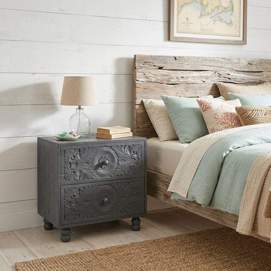 24" Gray Solid Wood Carved Scrollwork Two Drawer Nightstand - HomeRoots - Flyclothing LLC