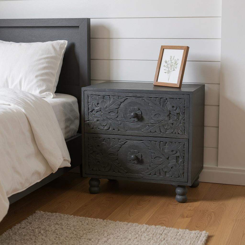24" Gray Solid Wood Carved Scrollwork Two Drawer Nightstand - HomeRoots - Flyclothing LLC