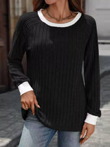 Ribbed Round Neck Raglan Sleeve Knit Top - Trendsi - Flyclothing LLC