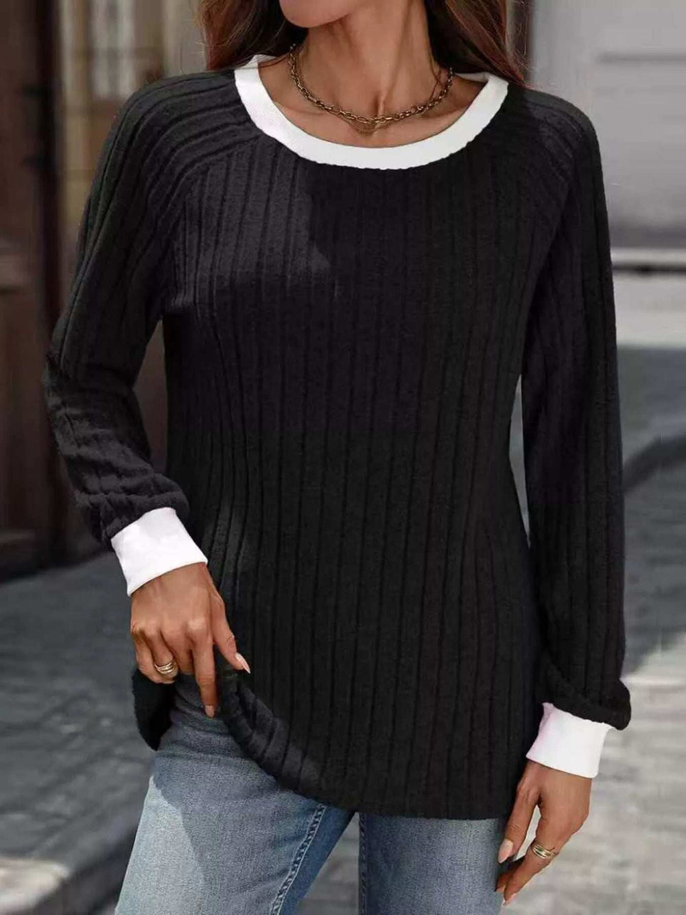 Ribbed Round Neck Raglan Sleeve Knit Top - Trendsi - Flyclothing LLC