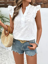 Perfee Eyelet Notched Ruffled Cap Sleeve Blouse - Trendsi - Flyclothing LLC