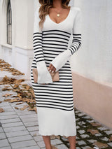 Striped V-Neck Long Sleeve Sweater Dress - Trendsi - Flyclothing LLC