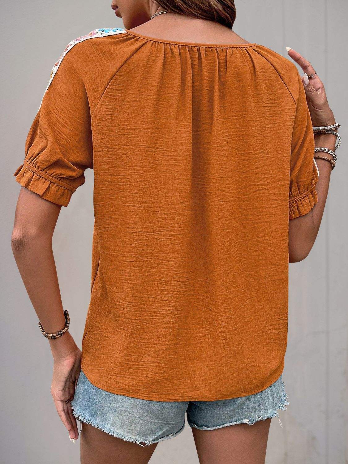 Perfee Tied Crochet Detail Short Sleeve Blouse - Trendsi - Flyclothing LLC