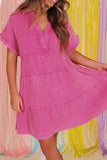 Mineral Wash Crinkle Split Neck Raw Hem Tiered Dress - Trendsi