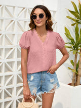 Swiss Dot Lace Detail V-Neck Blouse - Trendsi - Flyclothing LLC