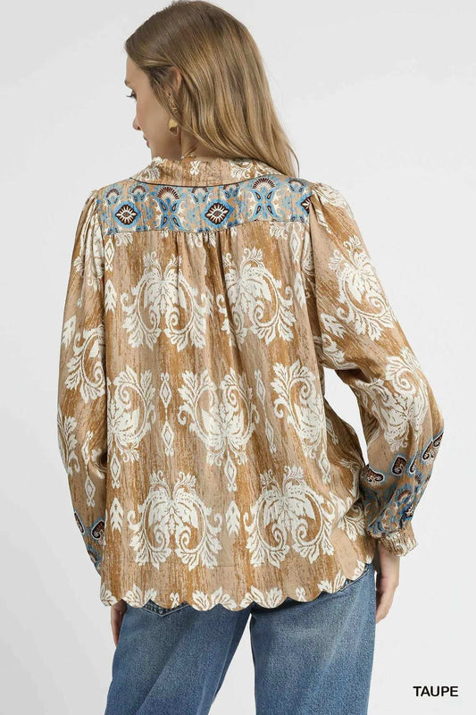 Umgee Floral Boho Blouse with Scalloped Hem - Trendsi - Flyclothing LLC