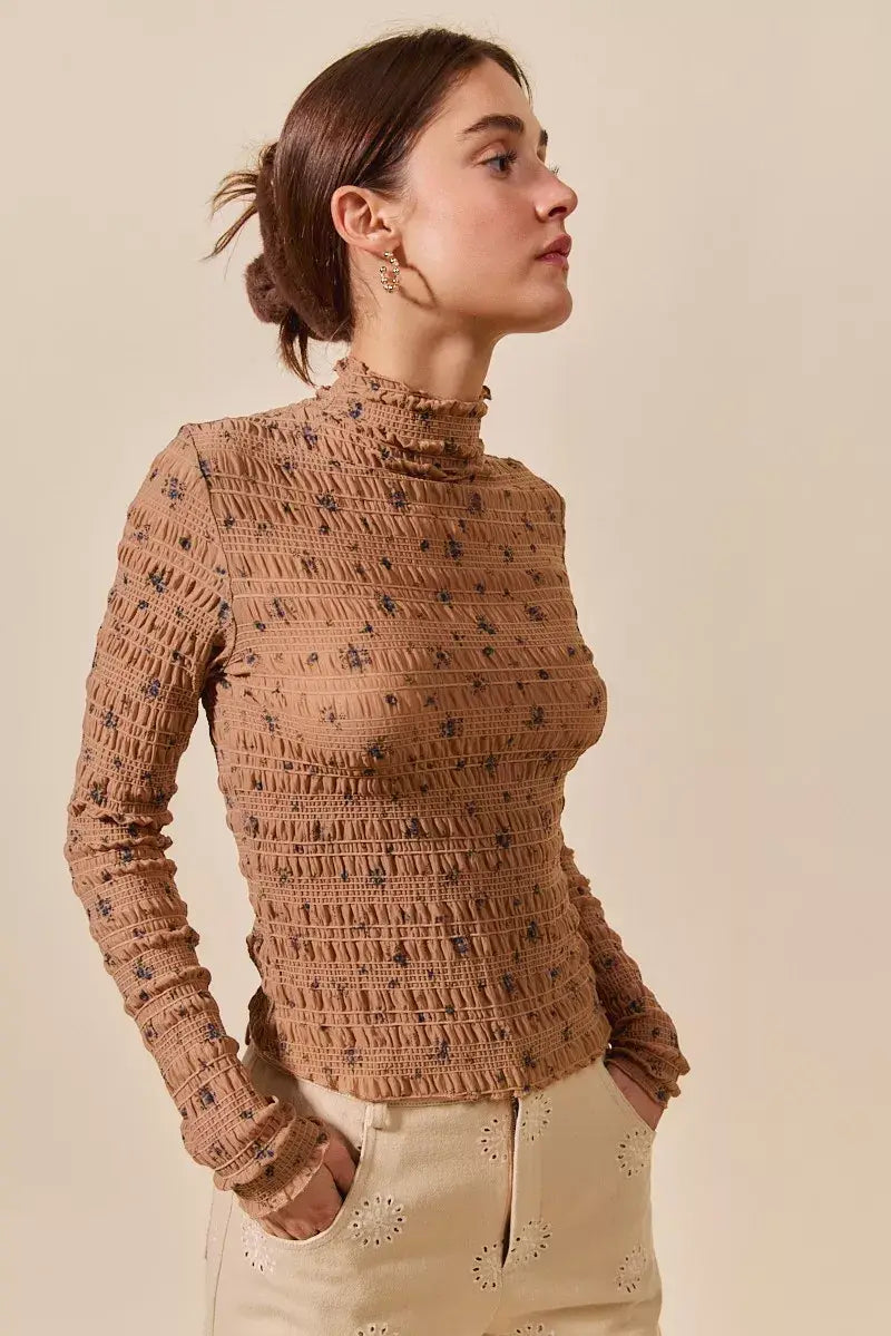 SO ME Floral Print Textured Long Sleeve Knit Top - Trendsi - Flyclothing LLC