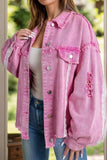 Lace Detail Distressed Raw Hem Long Sleeve Denim Jacket - Trendsi - Flyclothing LLC