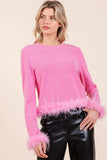 Mittoshop Feather Trim Long Sleeve Crop Hacci Knit Top - Trendsi - Flyclothing LLC