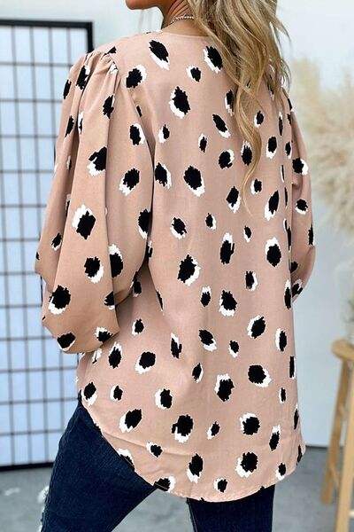Contrast Animal Print V-Neck Long Sleeve Blouse - Trendsi - Flyclothing LLC