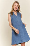 ADORA Notched Sleeveless Denim Dress with Pockets - Trendsi