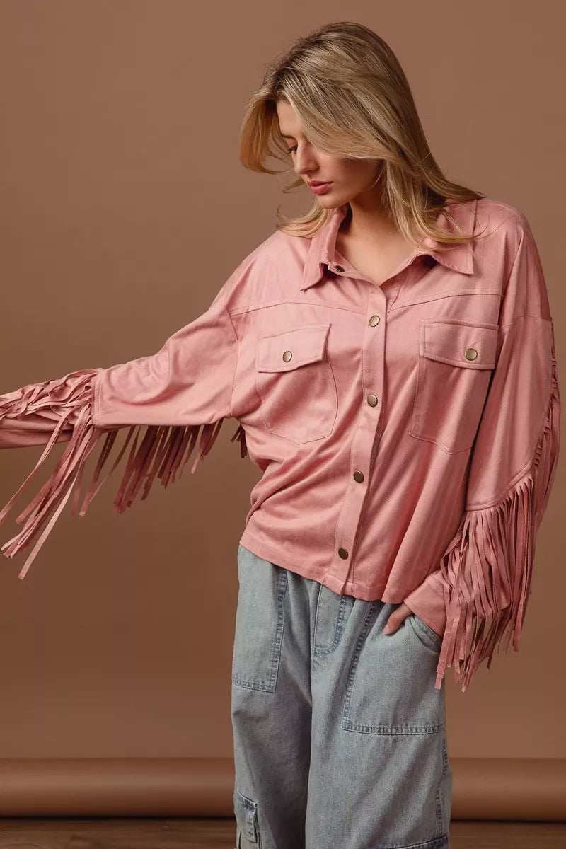 BiBi Suede Fringe Long Sleeve Jacket - Trendsi - Flyclothing LLC
