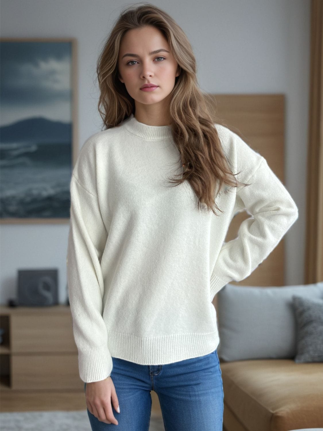 Round Neck Drop Shoulder Long Sleeve Sweater - Trendsi