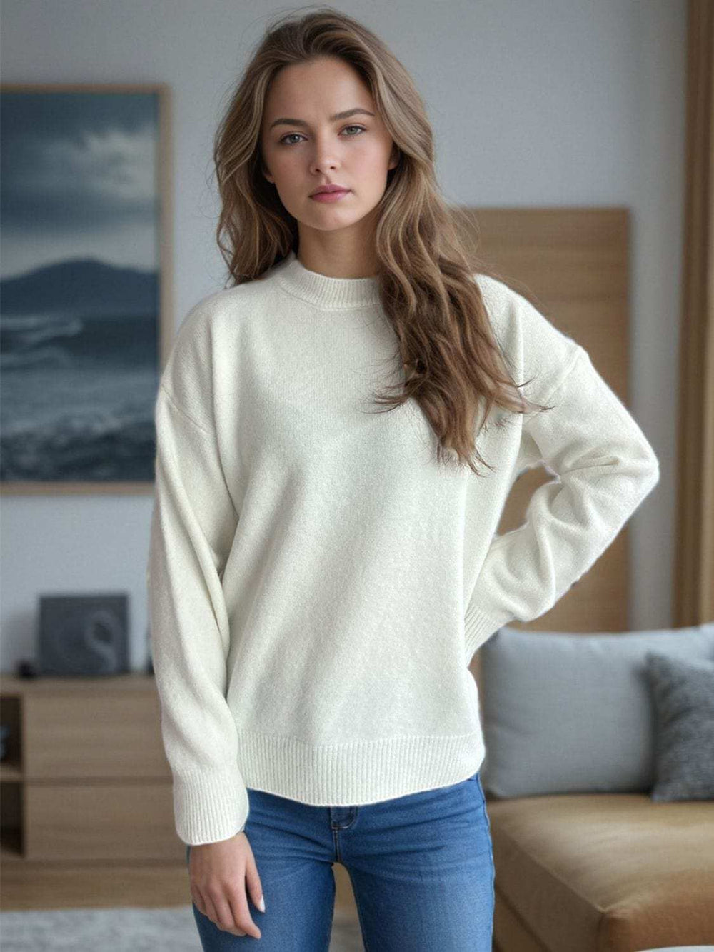 Round Neck Drop Shoulder Long Sleeve Sweater - Trendsi - Flyclothing LLC