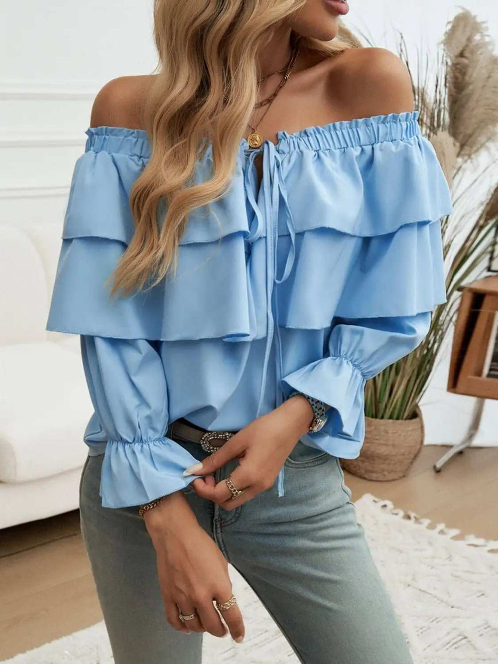 Off-Shoulder Flounce Sleeve Blouse - Trendsi - Flyclothing LLC