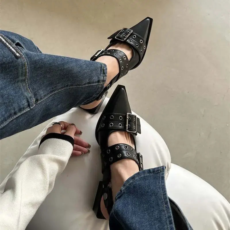 Point Toe Eyelet Buckle Slip-Ons - Trendsi - Flyclothing LLC