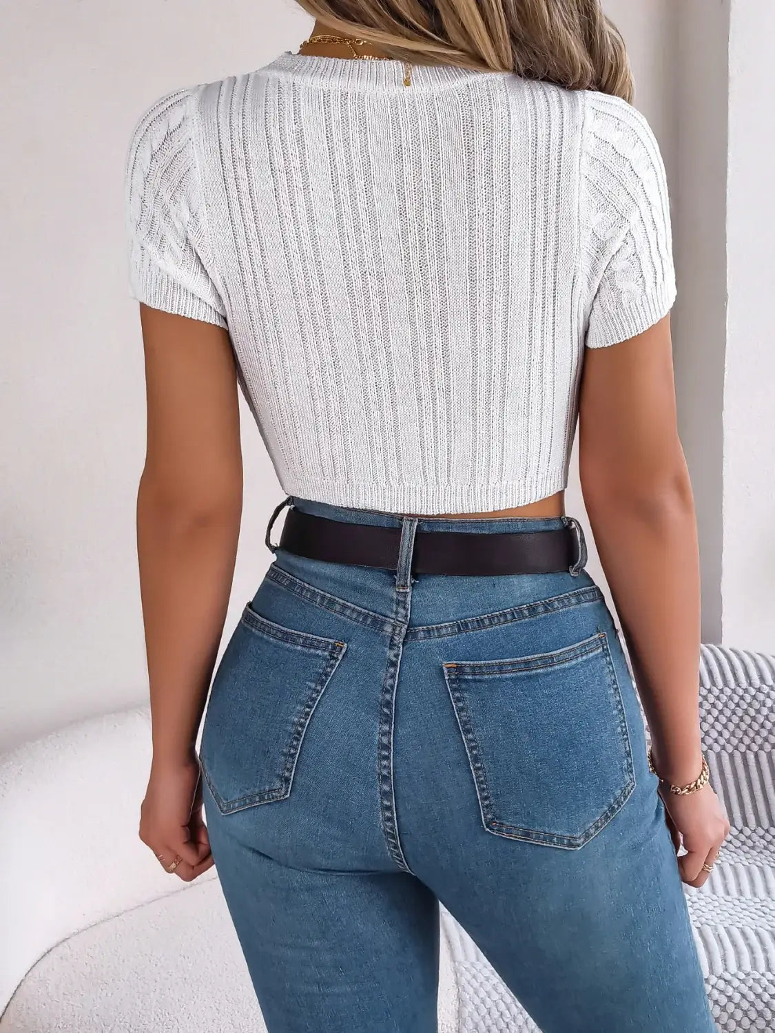 Cable Knit Openwork Round Neck Knit Top - Trendsi - Flyclothing LLC