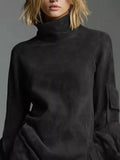 Full Size Suede Turtleneck Lantern Sleeve Mini Dress Plus Size - Trendsi - Flyclothing LLC