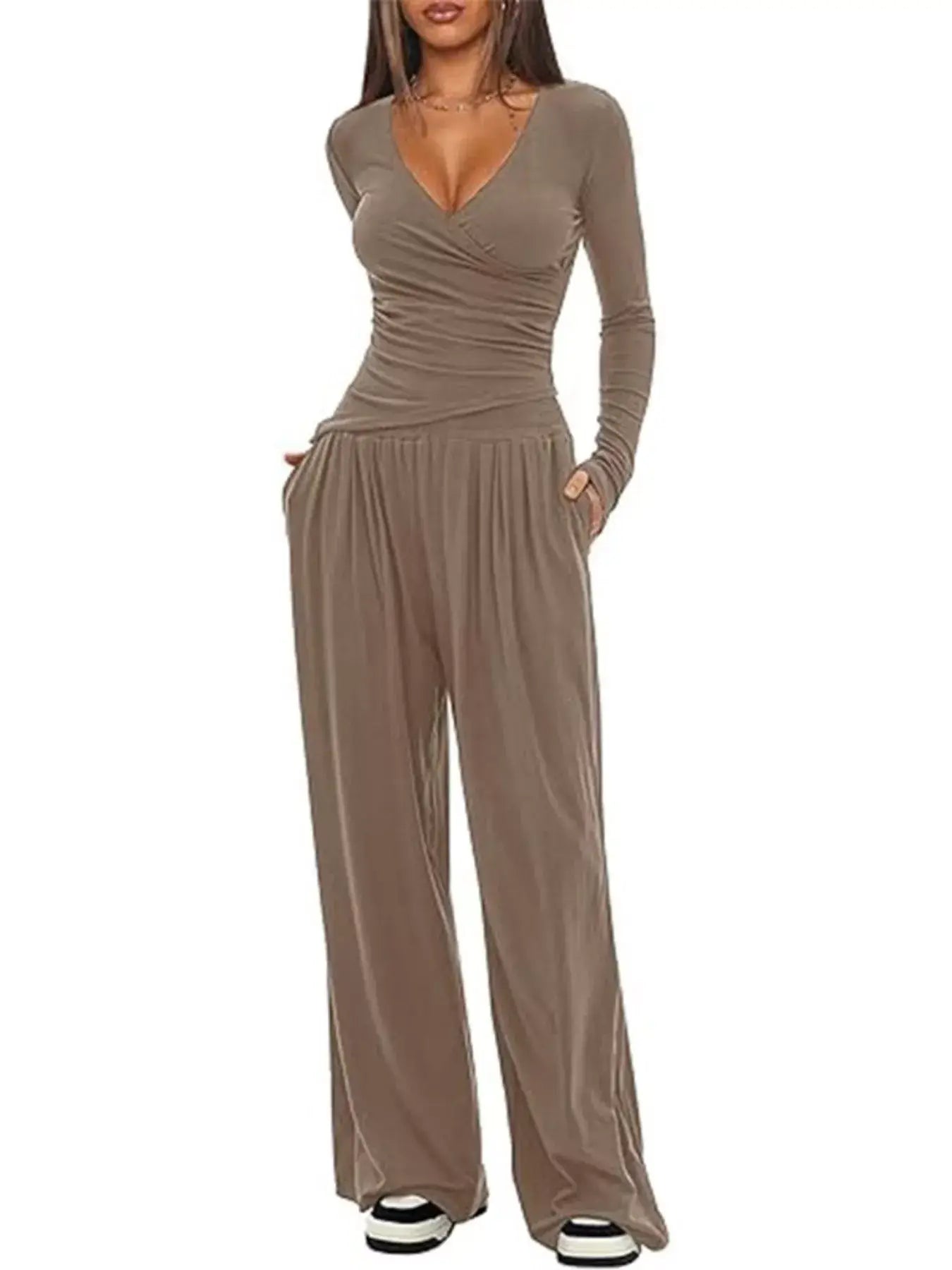 Casual Long Sleeve Top and Wide Leg Pants Set - Trendsi - Flyclothing LLC