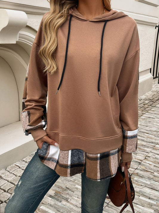 Devine Drawstring Plaid Long Sleeve Hoodie - Trendsi