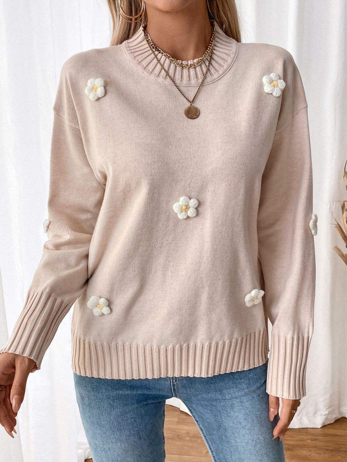 Perfee Flower Round Neck Long Sleeve Sweater - Trendsi - Flyclothing LLC