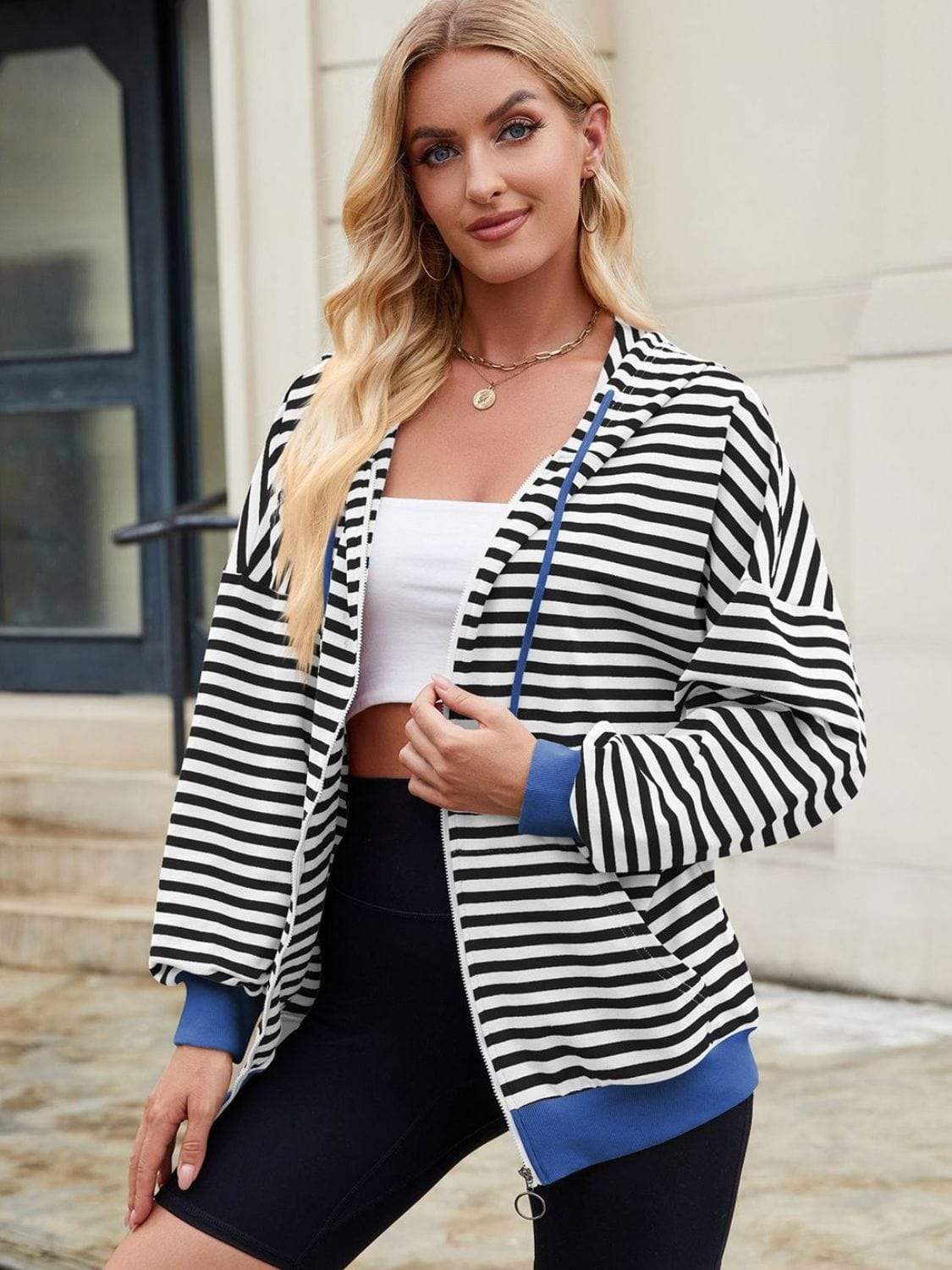 Drawstring Striped Zip Up Long Sleeve Hoodie - Trendsi - Flyclothing LLC