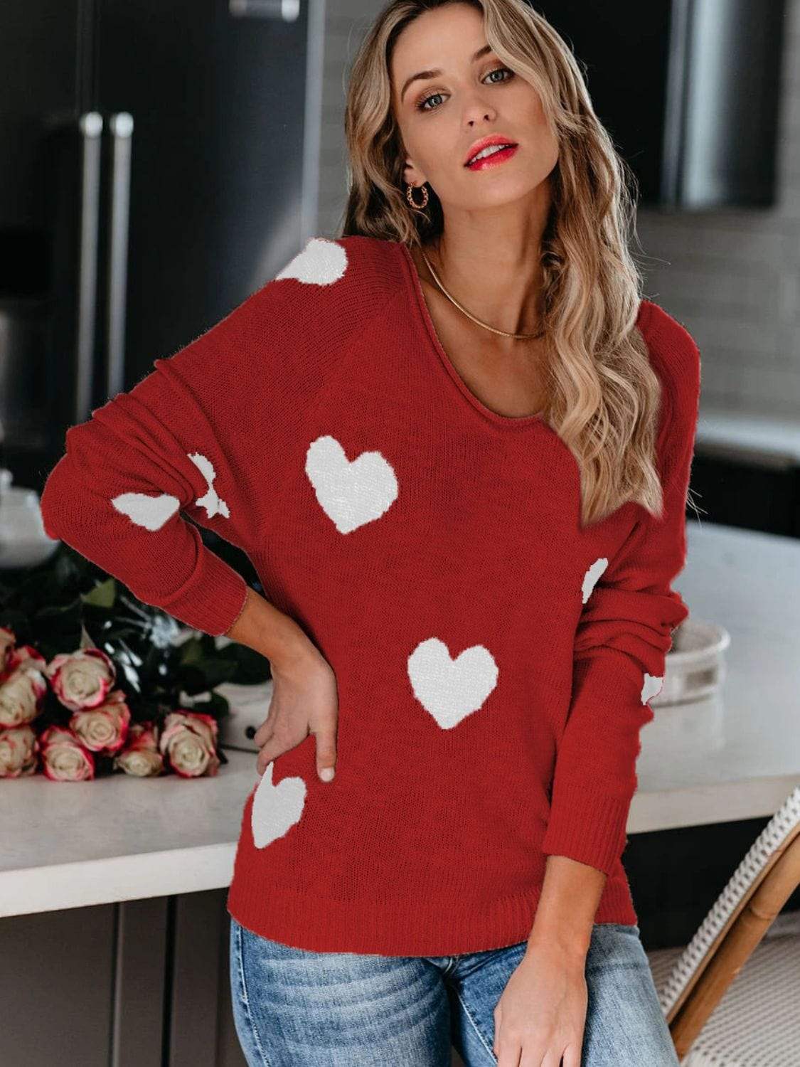 Heart Scoop Neck Long Sleeve Sweater - Trendsi - Flyclothing LLC
